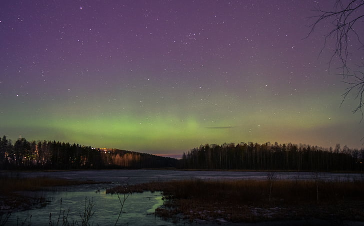Norther ışıklar, Finlandiya, Aurora, Fince, Orman, Göl, ışık