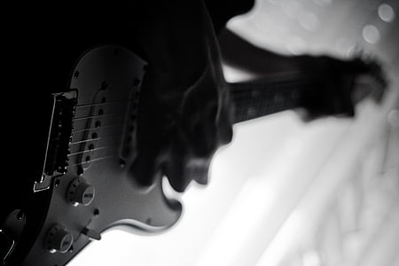 grayscale, photo, person, holding, electric, guitar, music