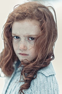 child, portrait, girl, freckles, brown, winter, snow