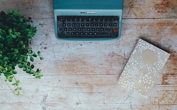 Vintage, írógép, növény, könyv, notebook, jegyzék, asztallap