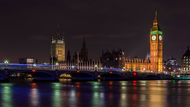 Ponte di Londra, notte, orologio, Tamigi, Inghilterra, punto di riferimento, Gran Bretagna