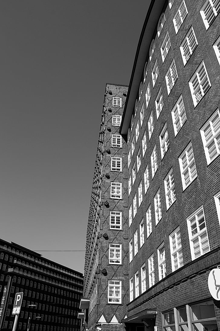 Hamburg, Chili-huis, het platform, zwart wit, gebouw