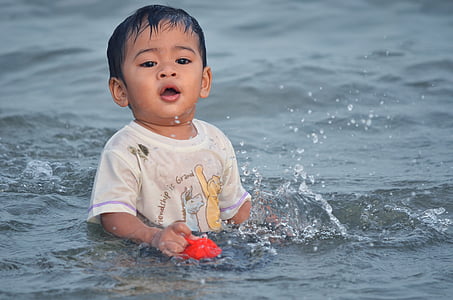child, water, sea, wave, beach, family, vacation