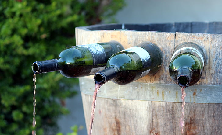 fountain, wine barrel, bottles, red wine, coloured water, flow, run