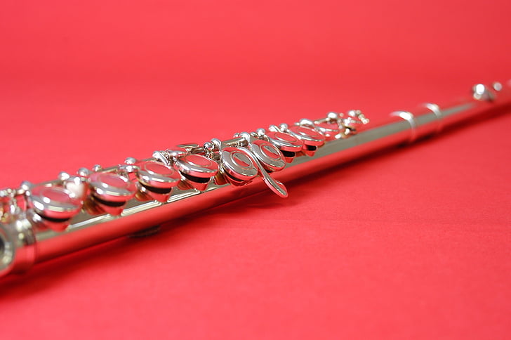 flute, red, silver, music, colored background, musical instrument, single object