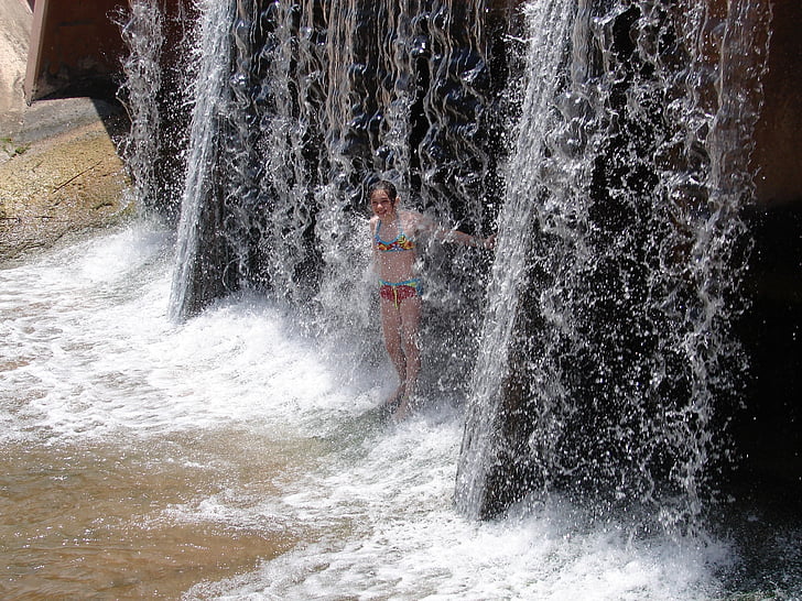girl, water, splash, cascade, happy, refreshing, play