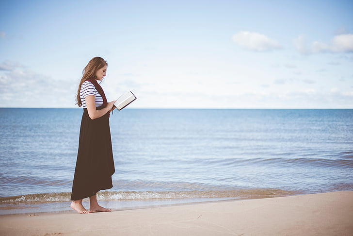 woman, standing, seashore, reading, books, people, girl