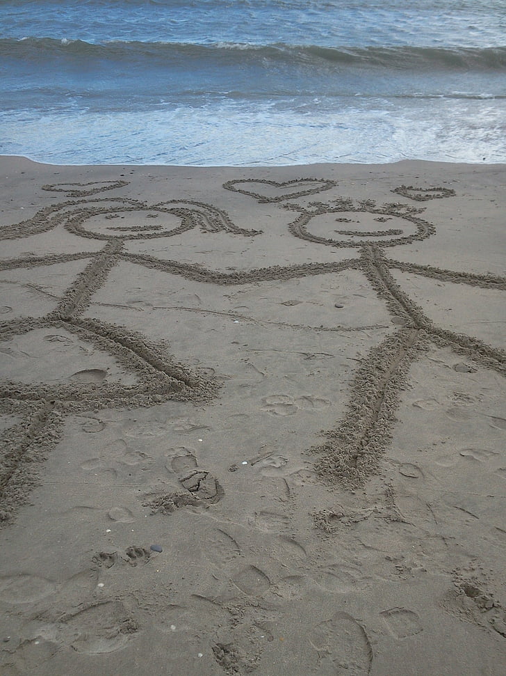 Любов, плаж, море, Рисуване, пясъчен плаж, Влюбен, пясък