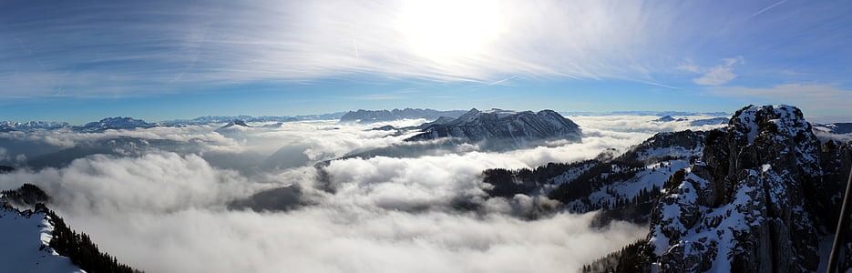 muntanyes, panoràmica, núvols, sol, kampenwand, natura, paisatge