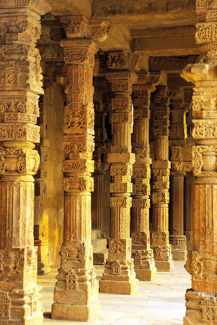 India, Delhi, Mezquita de, columnas, arquitectura, columna arquitectónica, lugar famoso