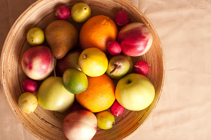 vaisiai, krepšys, Kriaušė, citrina, obuolių, valgomasis ridikas, žalia