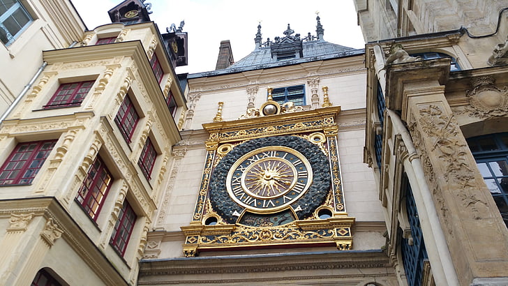 middle ages, clock, rouen, normandy, dial, france, timbered house