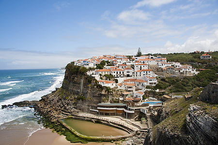 Azenhas do mar, Portugalia, Plaża, basen, morze, Costa, linia brzegowa