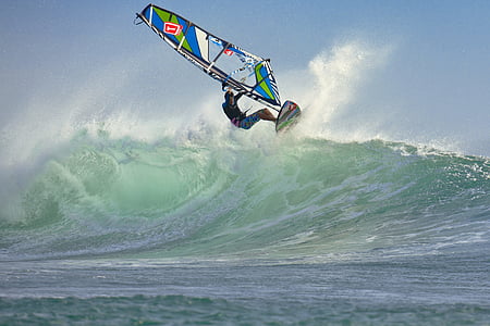 wind surfing, wave, splash, speed, ujung origin coast, java, indonesia