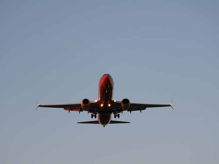 landing, flyer, sky, airport, sunset, front view, land