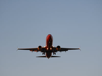 landing, flyer, sky, airport, sunset, front view, land