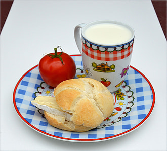 Французские сыры, хлеб, молоко, Завтрак, питание, помидор