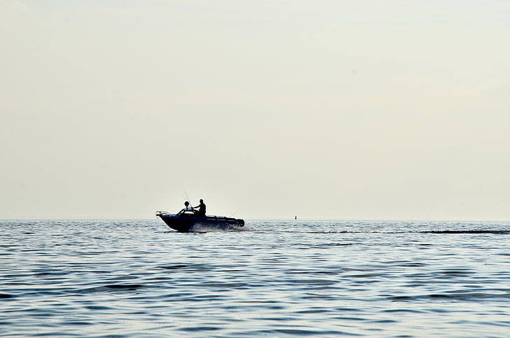 blue, boat, fishing, motor boat, sea, silhouette, water