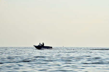 bleu, bateau, pêche, bateau à moteur, mer, silhouette, eau