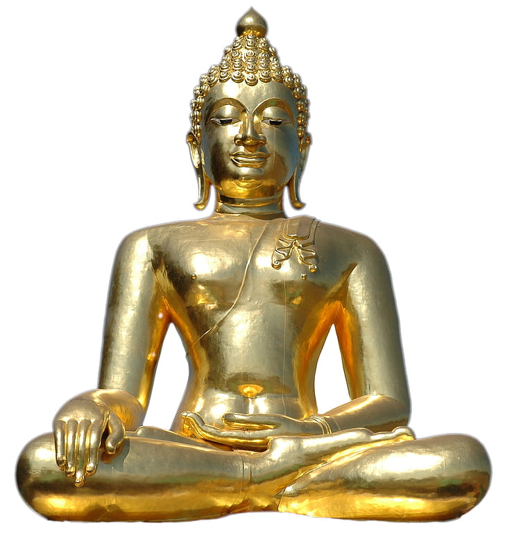 Golden buddha, siedząc, na białym tle, Budda, posąg, Buddyzm, Azja