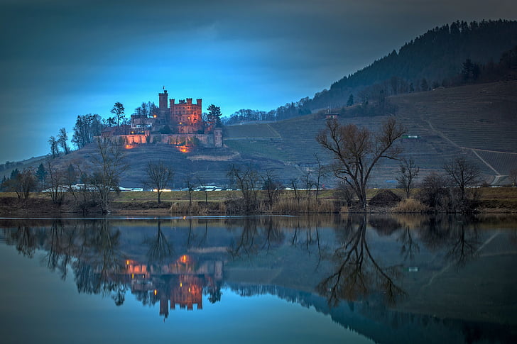 castle, lake, mirroring, pond, mood, reflection, waters