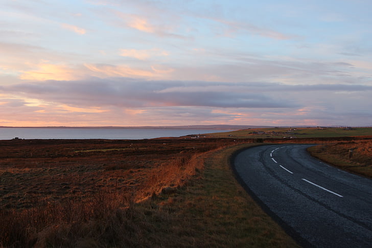 Skottland, Road, landskap, solnedgång, brett, Ocean, havet