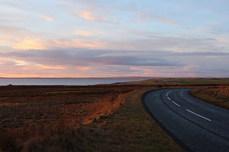 Scozia, strada, paesaggio, tramonto, ampia, oceano, mare