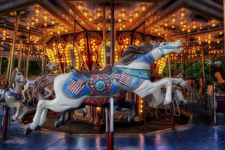 carousel, carnival, ride, fun, lights, horses, hdr
