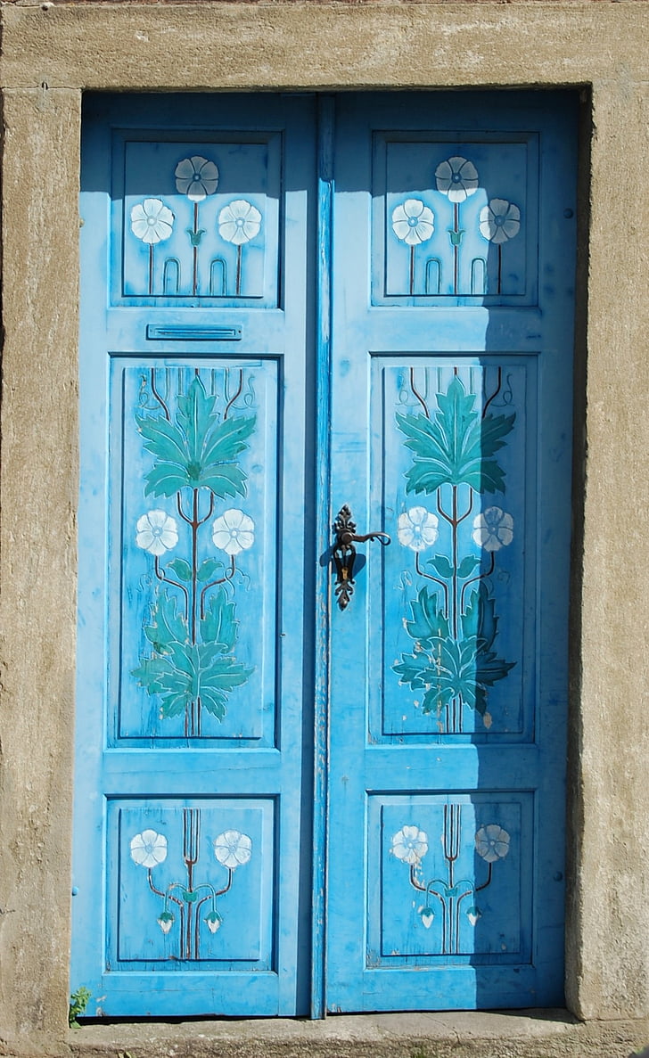 durvis, zila, ieeja, slēgts, logs, pie durvīm, parādes durvīm