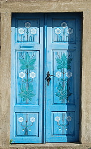 deur, blauw, ingang, gesloten, venster, deuropening, voordeur
