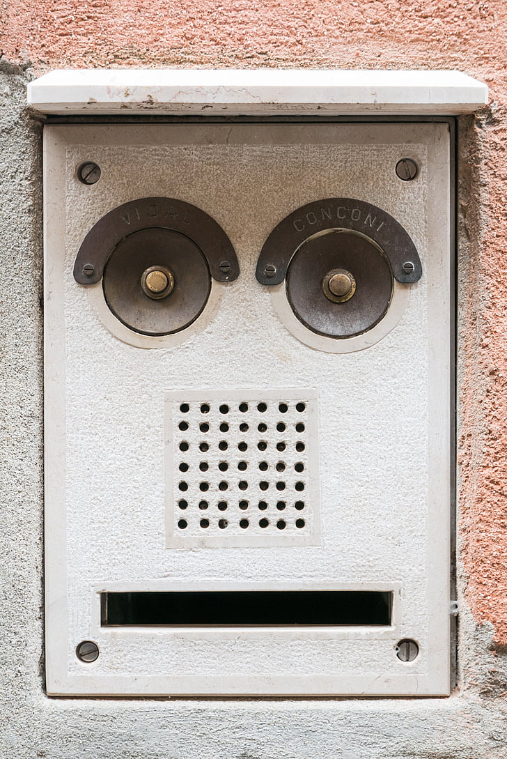 mailbox, bell, house entrance, face, old, old-fashioned