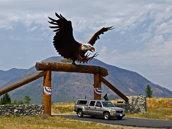 overdimensional, Brama, metalowe bald eagle, ranczo, krajobraz, samochód, pojazd
