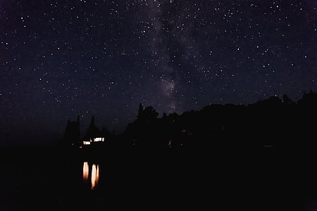 Gamta, kraštovaizdžio, tamsus, naktį, atspindys, šviesos, žvaigždės