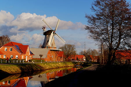 windmill, pinwheel, landscape, mill, building, water, water running