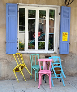 Kawiarnia, krzesło, kolorowe, drewno, okiennice, okno, wakacje