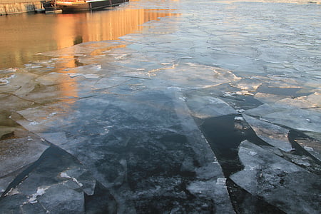 ice floes, winter, bevroren, ijs, water, rivier, zon