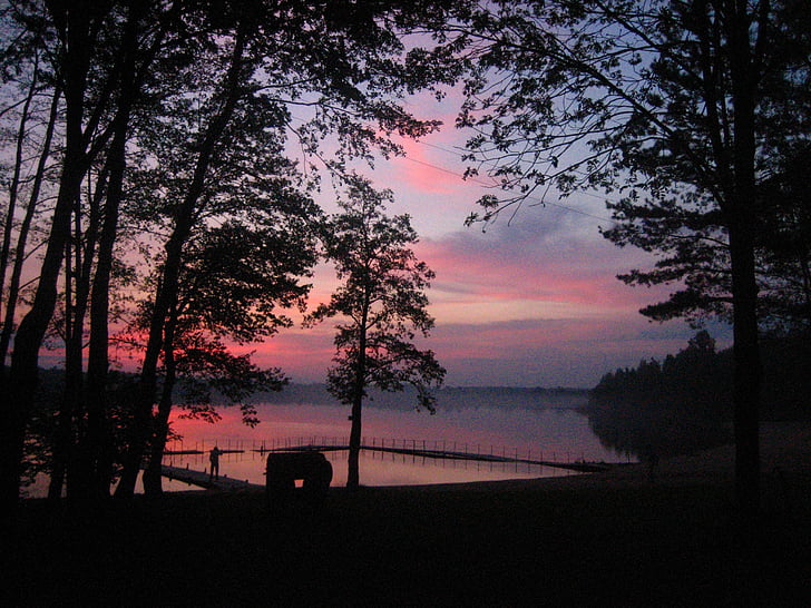tó, Napnyugta után, nap, Łukcze, természet, naplemente, fa