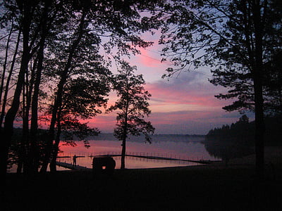 озеро, После захода солнца, Солнце, Łukcze, Природа, Закат, дерево