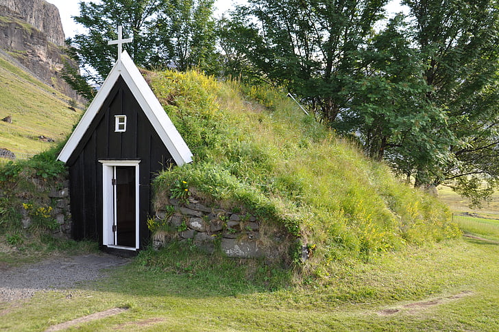torfhaus, Izland, füves tető, Kunyhó, épület, templom