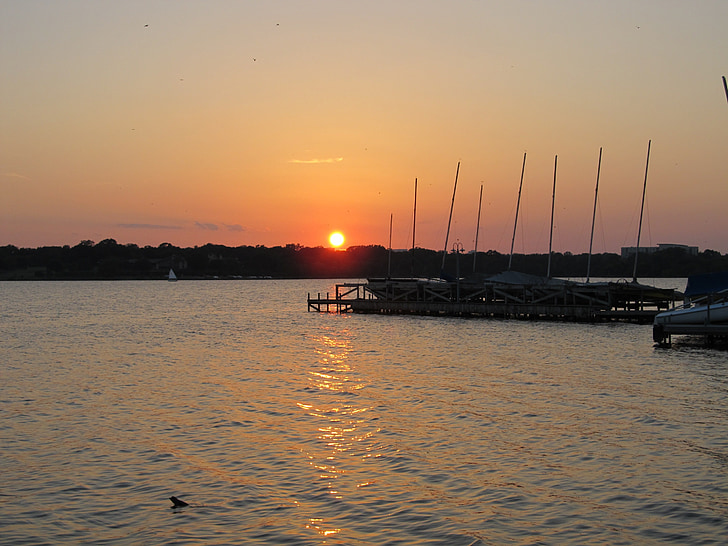 solnedgang, Lake, vann, skumring, båter, Dock, solnedgang