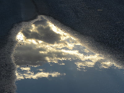 puddle, water, pool, reflection, cloud, wet, rain