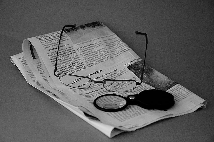 sunglasses, journal, news, reading, magnifying glass