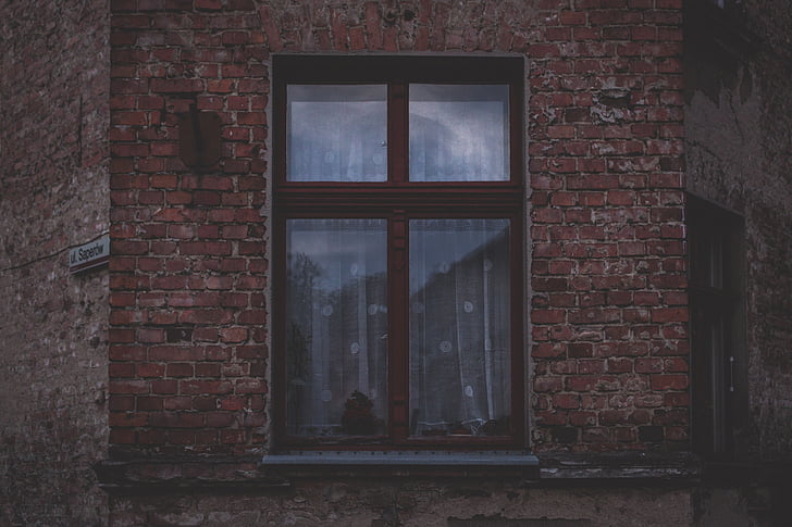 brown, wooden, framed, panel, window, house, wall