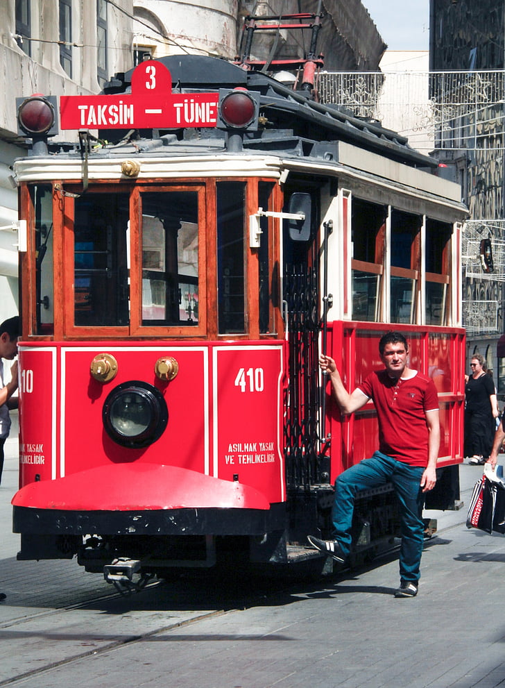 Trolley, tram, rood, stad, openbare, vervoer, stedelijke
