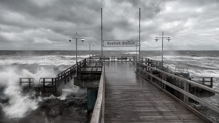 puente del mar, Bansin, nubes, Usedom, Mar Báltico, mar, cielo