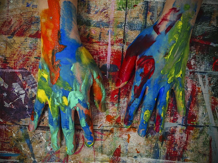 rankas, dažai, tapyba, kūrybiškumas, įdomus, spalvos, spalvinga rankų