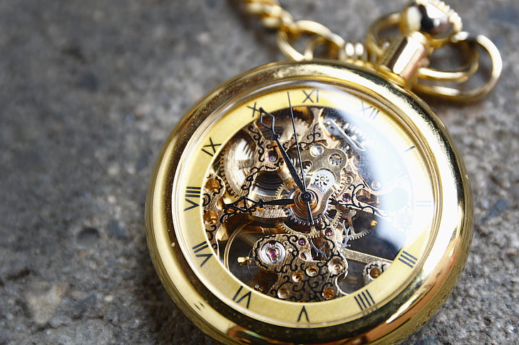 clock, pocket watch, gold, time, valuable, movement, gear