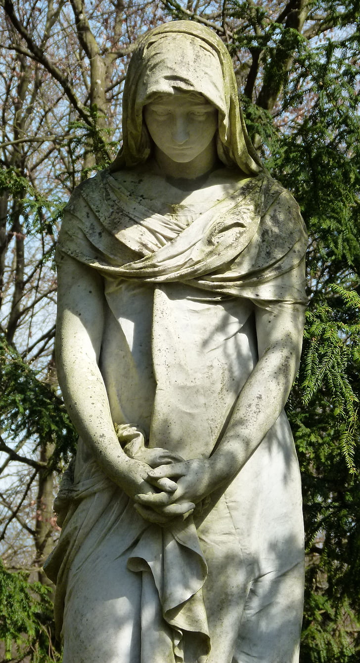 kirkegården, kvinnelig statue, be, statuen, skulptur, religion, åndelighet
