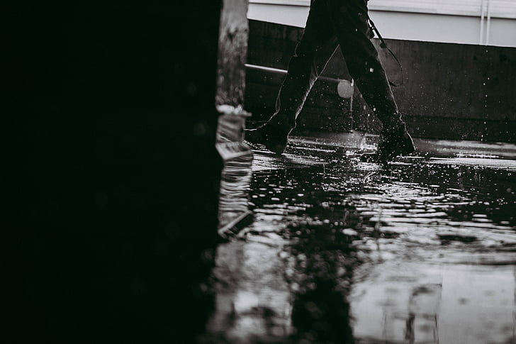 action, adult, black-and-white, dark, man, person, puddle
