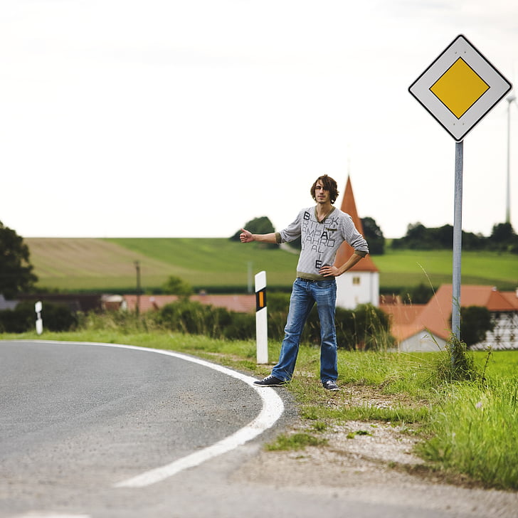 hitchhiker, auto stop, young man, pickup, by hitch hiking, day, road